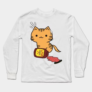 Orange Cat Spills a jar of BBQ Sauce Long Sleeve T-Shirt